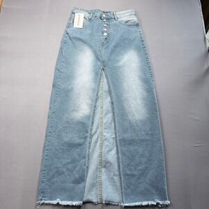 LORAGAL Women's Denim Maxi Skirt Blue‎ Button Front Slit Fringe Hem Large